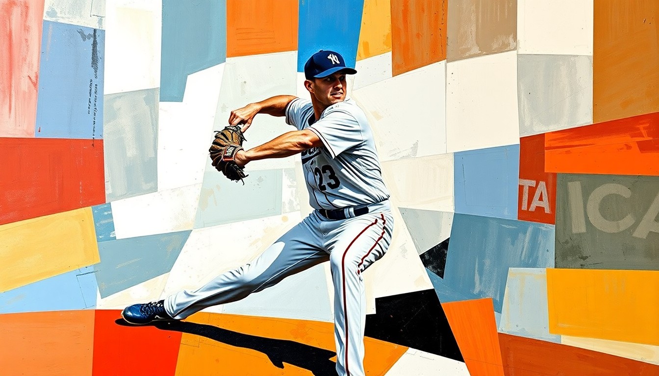 A cubist-style painting depicting a baseball pitcher's motion broken down into sharp, overlapping geometric shapes and planes, conveying the complexity and dynamism of the Braves' pitching decisions.