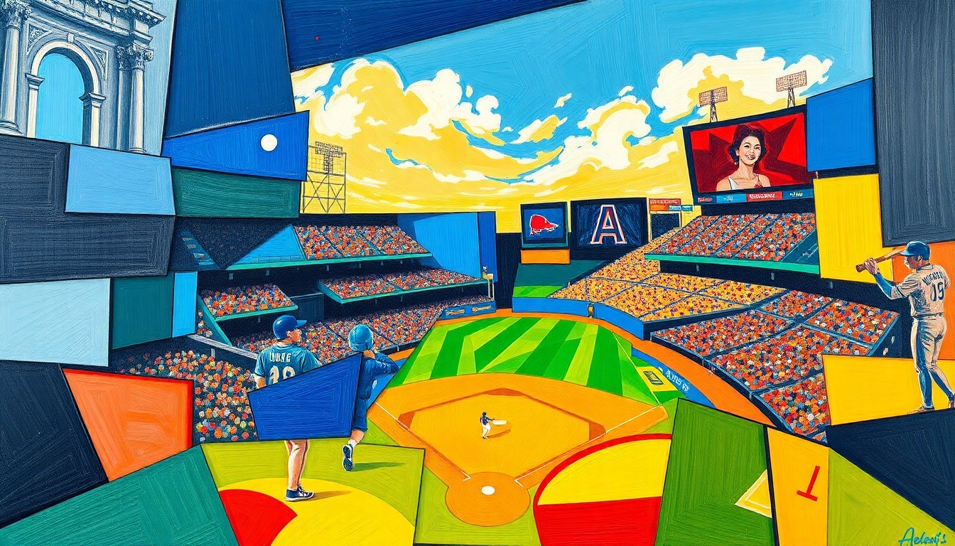 A fragmented, cubist-style painting depicting a baseball game or match, with sharp geometric shapes and planes in vibrant colors like blue, red, and yellow, conceptually representing the rapid changes and competition in securing top young talent.
