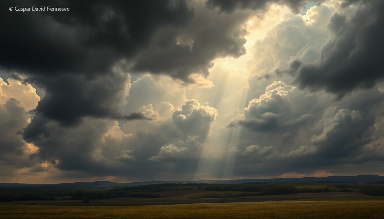 A vast, dramatic landscape painting in muted tones of grey, blue, and gold, depicting an ominous, stormy sky with rays of light breaking through the clouds over a rural Clarksville scene, conveying the overwhelming scale and power of the natural world.