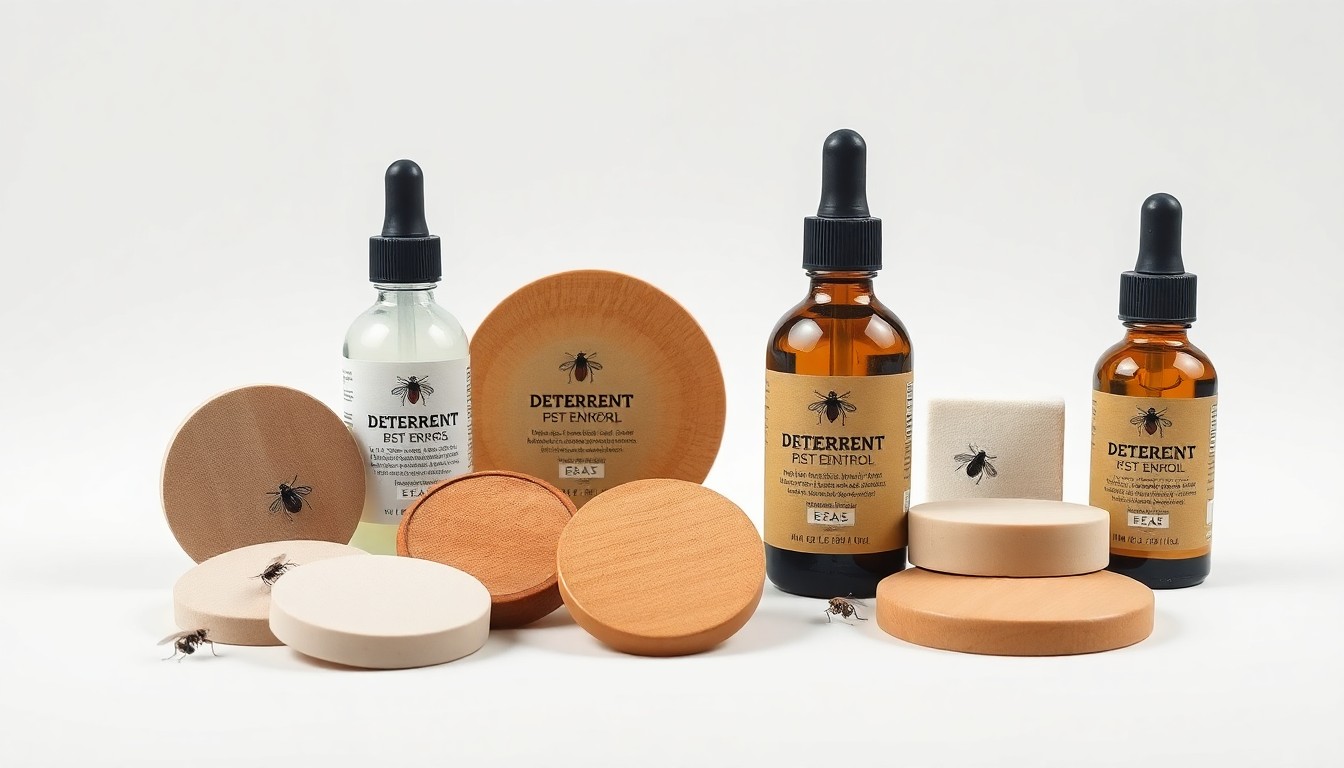 A high-end, photorealistic studio still-life photograph featuring a collection of Fruit Fly Defense's natural pest deterrent products, including Deterrent Discs and Sink Drops, arranged elegantly on a clean, white seamless background. The products are made from polished natural materials and geometric shapes, using sharp, dramatic studio lighting and deep shadows to represent the company's science-backed, chemical-free approach to pest control.