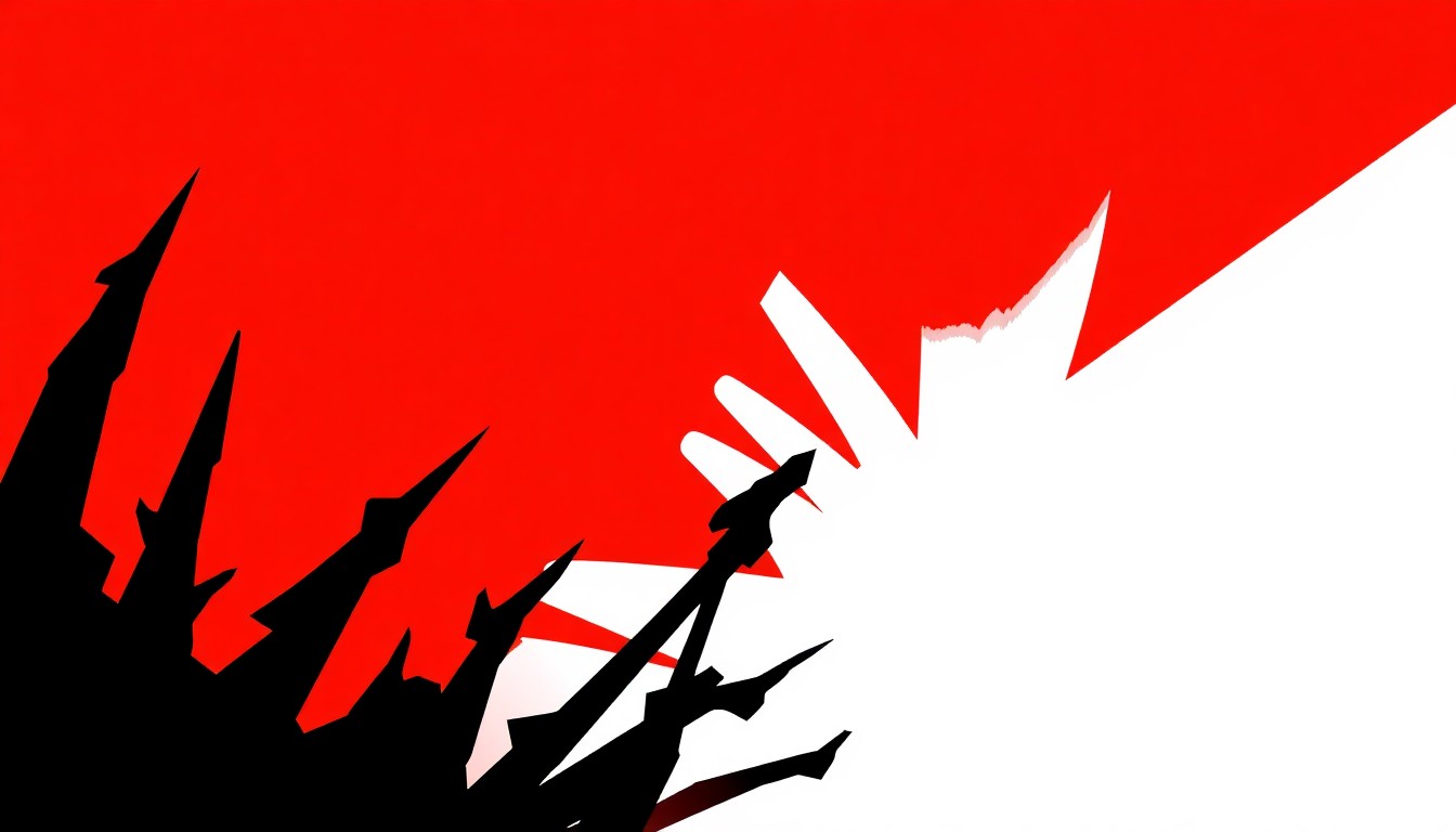An abstract, minimalist illustration featuring stark black silhouettes of musical instruments and performers against a high-contrast red and white background, conveying the energy and creativity of a community-driven open mic event.