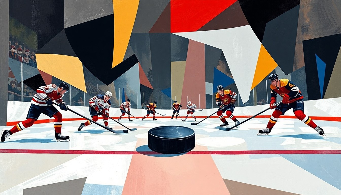 A cubist, geometric painting depicting a hockey game in motion, with the players and ice broken down into overlapping angular shapes and planes, centered around the puck as the focal point.