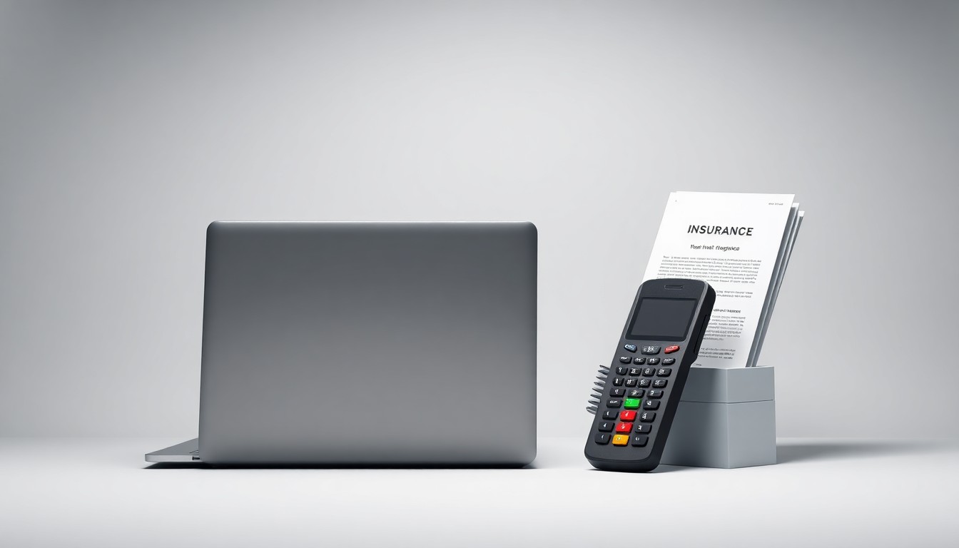 A sleek, modern laptop computer, a stylized payment terminal, and a stack of insurance documents arranged elegantly on a clean, monochromatic background, conceptually representing the integration of financial technology, digital payments, and insurance services.
