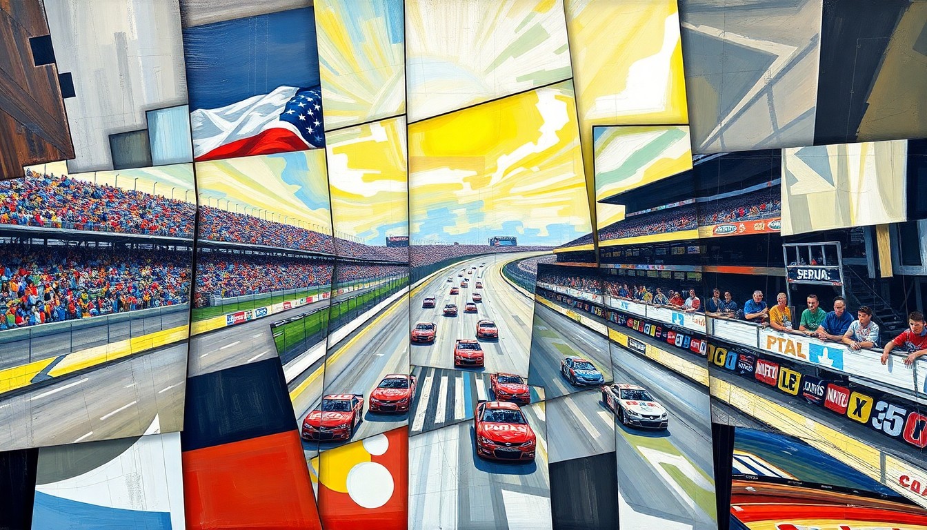 A cubist, geometric painting depicting the final laps of the Martinsville Speedway race, with overlapping planes of color and shape representing the intense competition and decisive moments that led to Chase Elliott's victory.