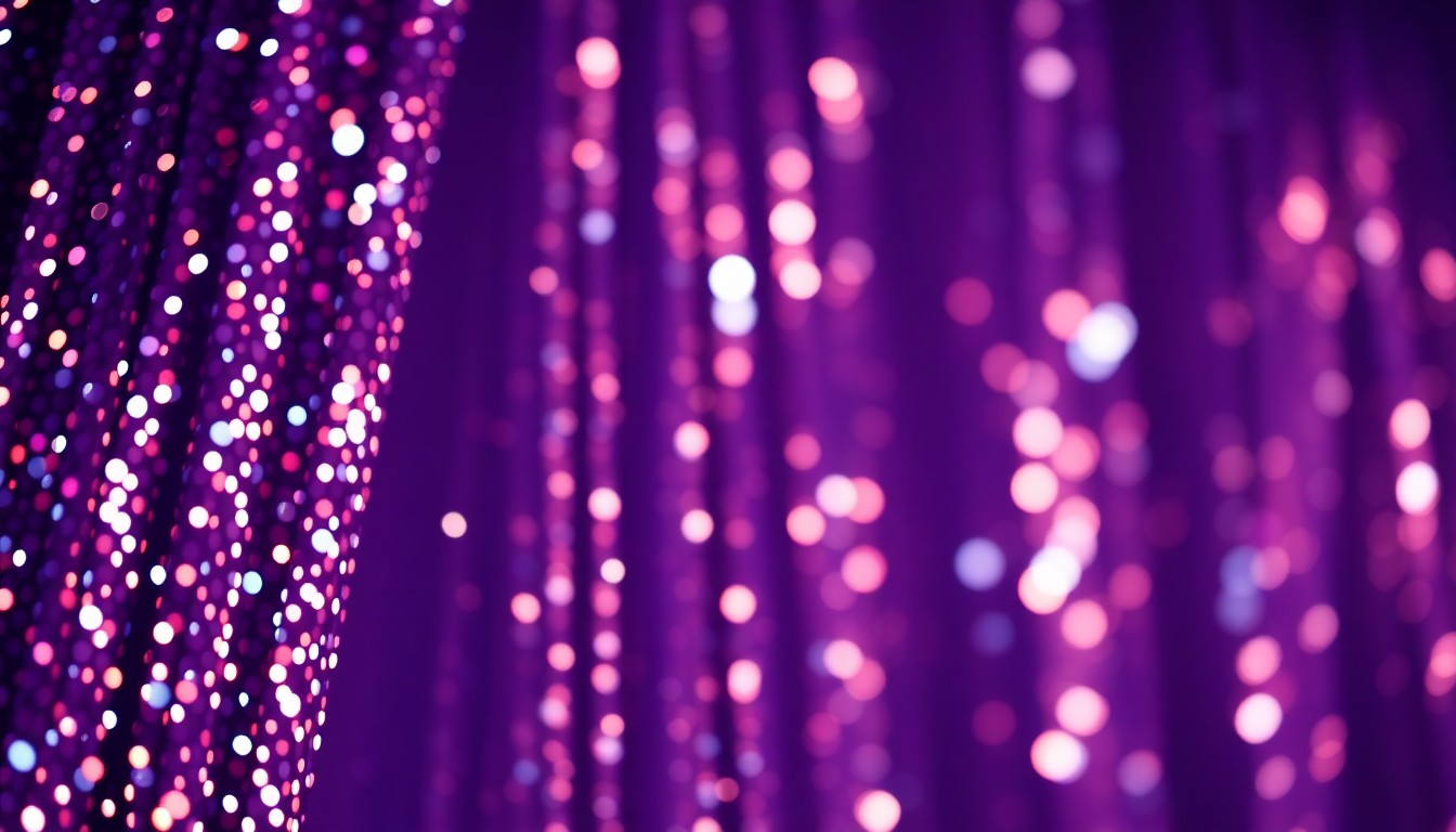 An extreme close-up photograph of sparkling sequins or stage lights, capturing the vibrant energy and glamour of live performance in a high-contrast, abstract composition.