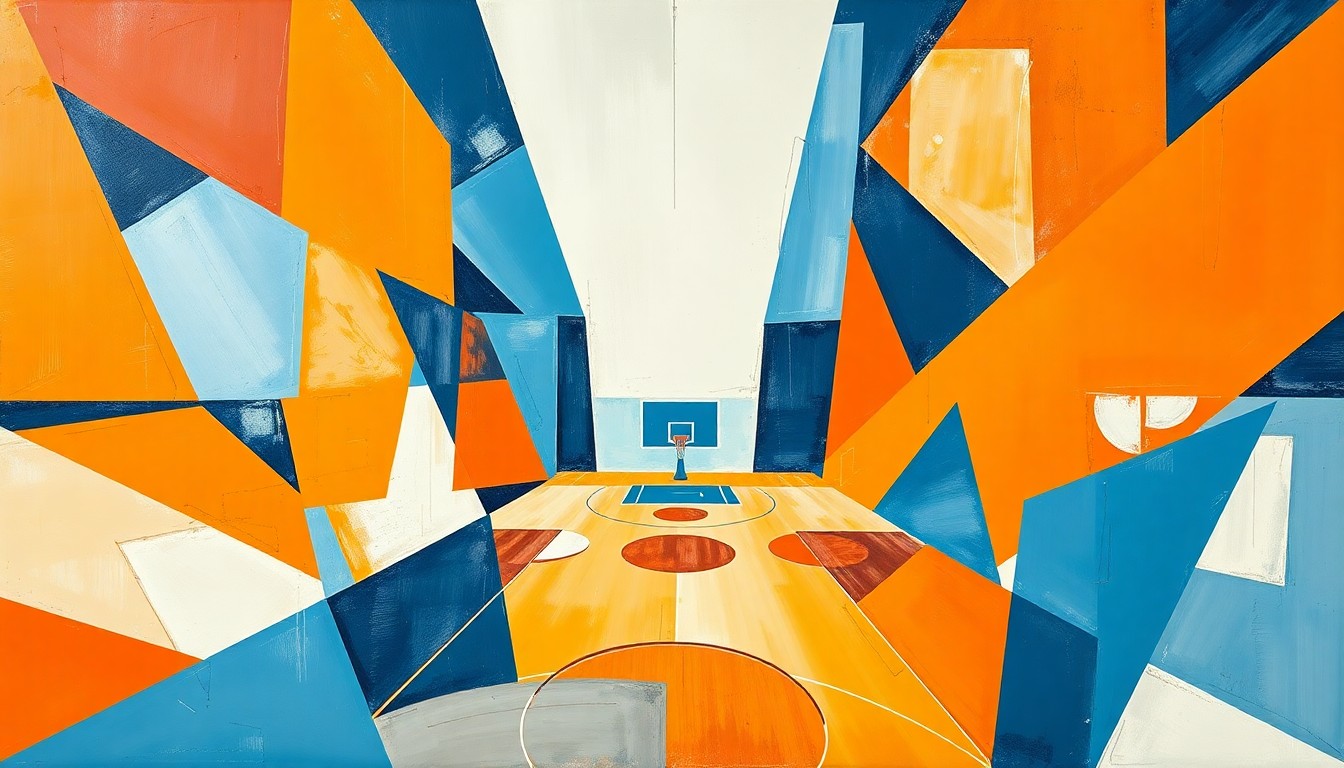 A fragmented, geometric painting depicting a basketball game or match, with sharp planes of orange, blue, and white representing the players and action on the court.