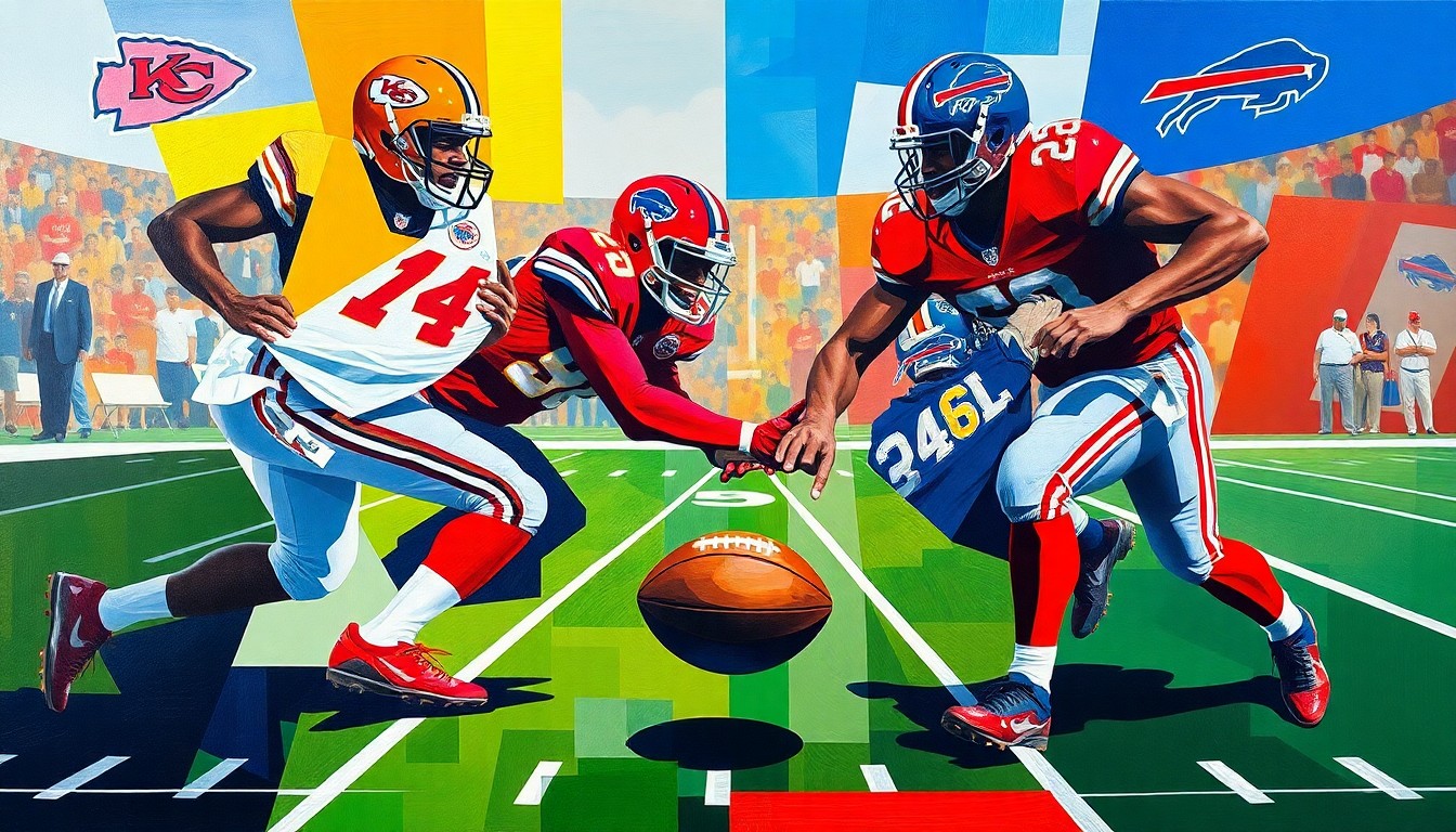 A fractured, multi-perspective painting depicting an abstract football game, with players' forms broken down into sharp, overlapping geometric shapes in a cubist style.