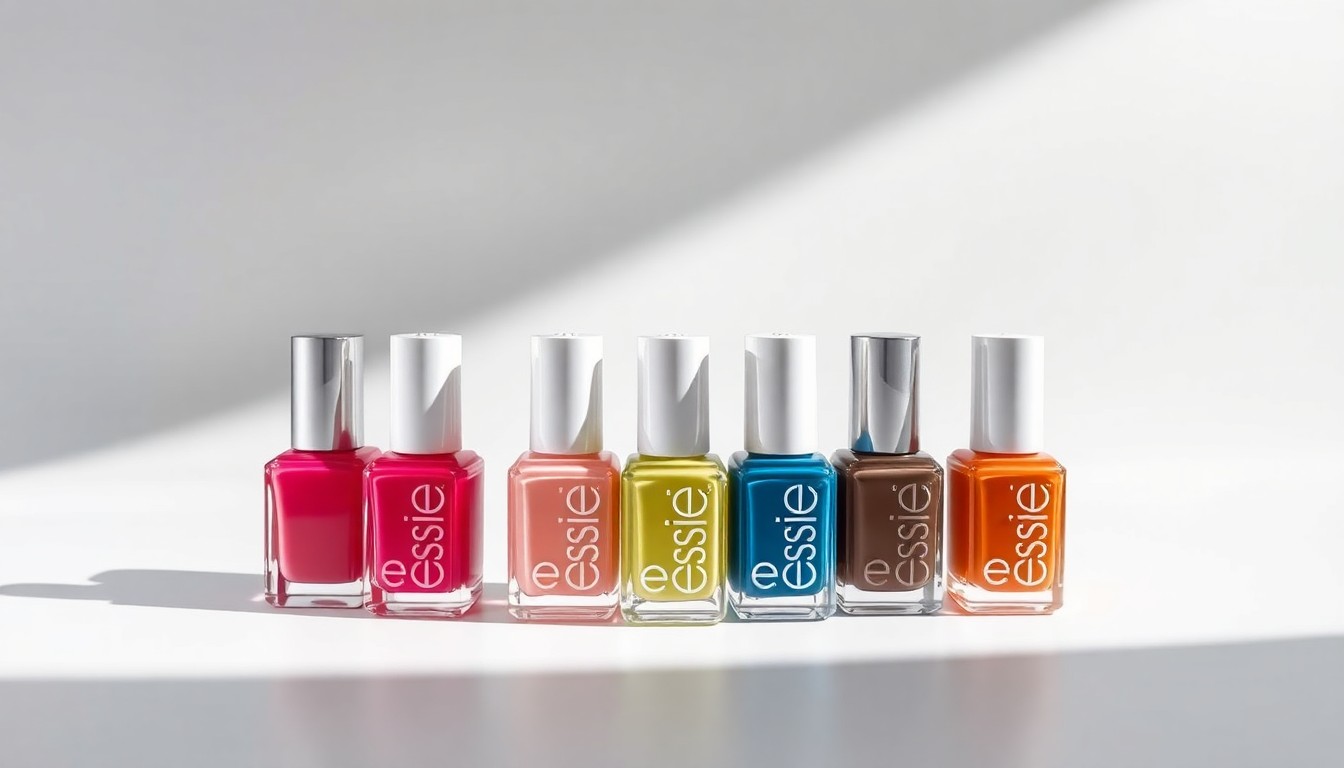 A high-end, photorealistic studio still-life featuring a collection of premium Essie nail polish bottles in a range of colors, arranged elegantly on a clean, monochromatic background and using dramatic lighting to convey a sense of luxury and sophistication.