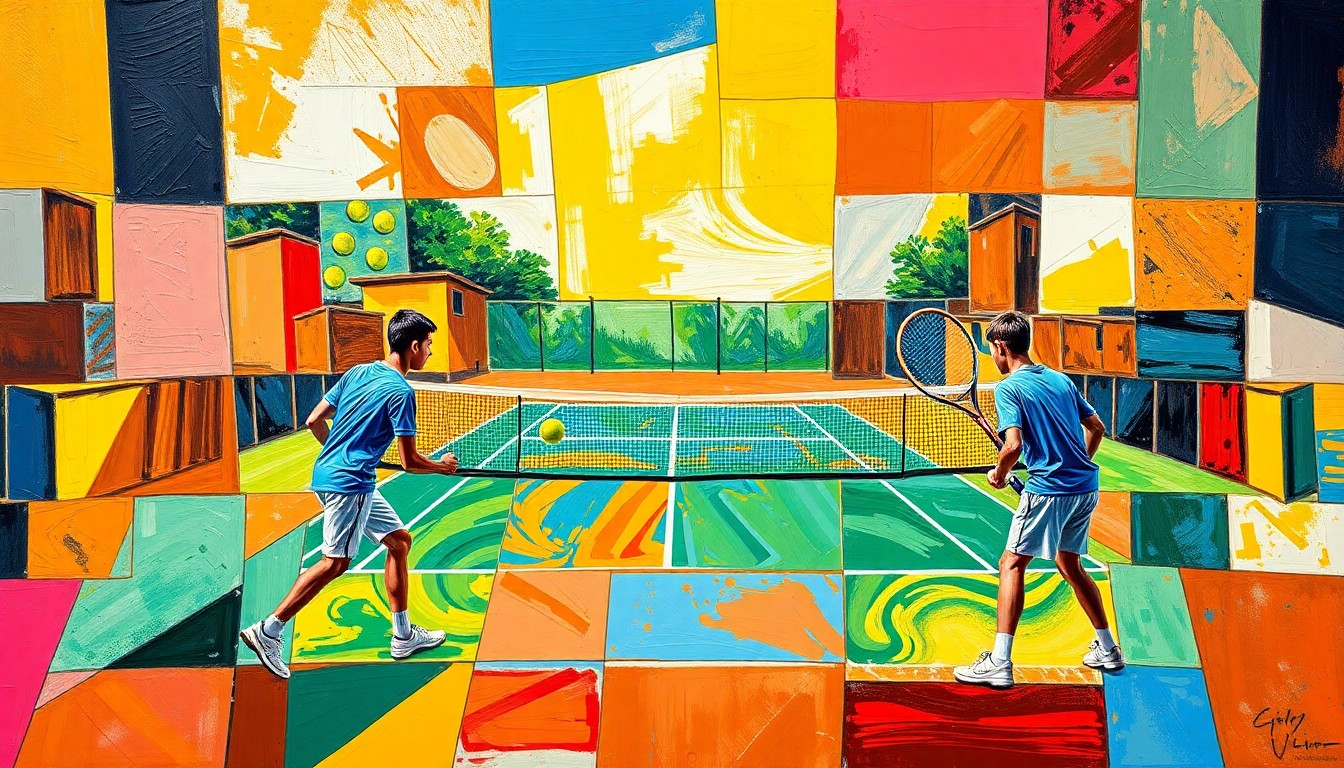 A cubist, geometric painting depicting a boys tennis match, with overlapping planes of vibrant colors representing the players, court, and competitive action.