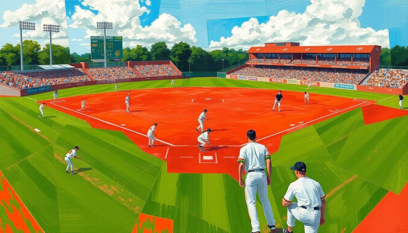 A fragmented, geometric painting depicting the various elements of a baseball game - the diamond, players, and field - in an abstract, cubist style.