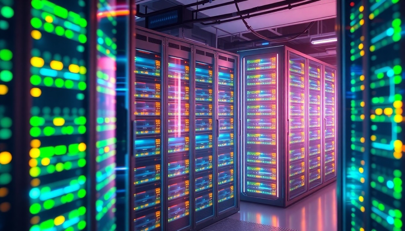 A highly detailed 3D illustration of a glowing, futuristic data center rack filled with illuminated server blades and networking equipment, conceptually representing the secure, cloud-native infrastructure of Versa's FedRAMP-authorized SASE platform.