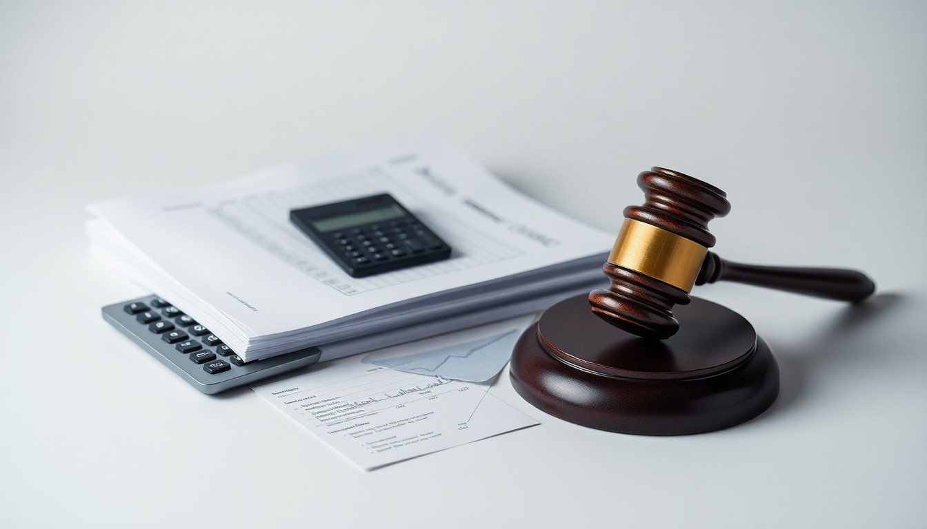 A minimalist studio still life photograph featuring a stack of financial documents, a calculator, and a gavel on a clean, monochromatic background, conceptually representing the legal and financial scrutiny facing a childcare company.
