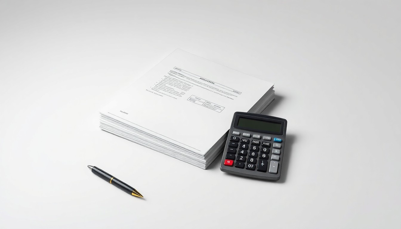 A photorealistic studio still life featuring a stack of financial documents, a pen, and a calculator arranged elegantly on a clean, monochromatic background, conceptually representing the abstract ideas of corporate strategy, finance, and market consolidation.