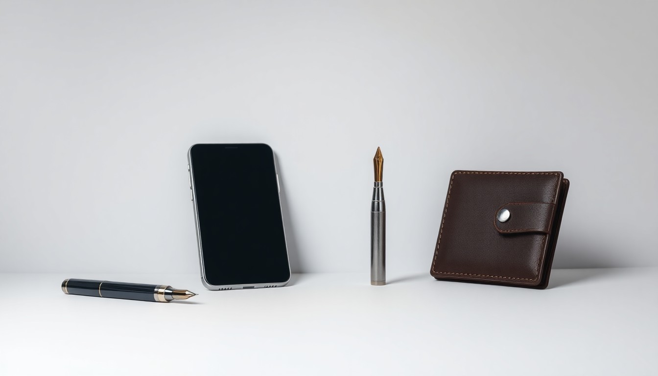 A high-end, photorealistic studio still-life featuring a sleek smartphone, metal fountain pen, and minimalist leather wallet arranged elegantly on a clean, monochromatic background, conceptually representing the intersection of personal finance and modern digital banking.