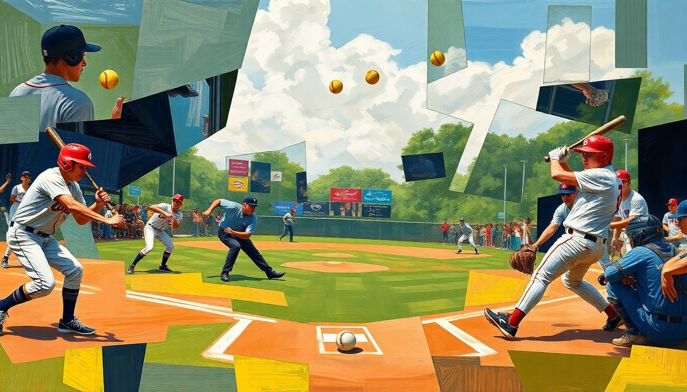 A fragmented, geometric painting depicting the dynamic action of a high school softball game, with players, bats, and balls rendered in an abstract, cubist style.