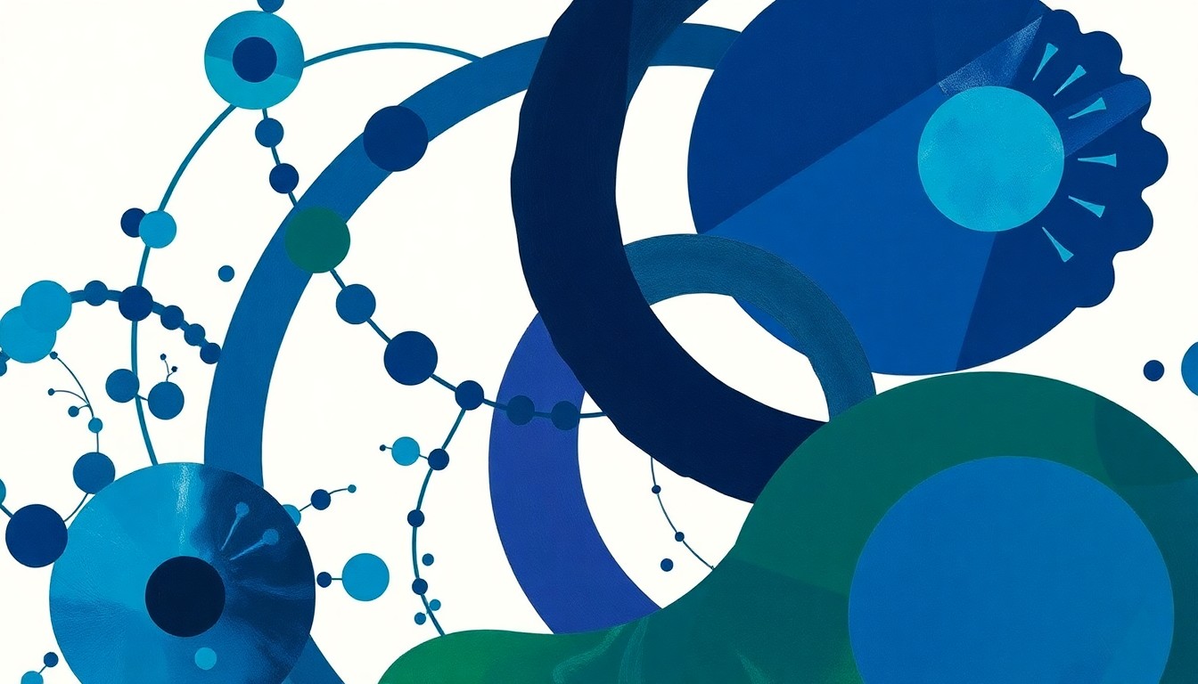 A highly structured abstract painting in shades of blue, green, and purple, featuring sweeping geometric arcs, concentric circular patterns, and precise botanical or physical spirals, conveying the complex molecular structures and biological forces involved in the discovery and development of new antibody therapeutics.