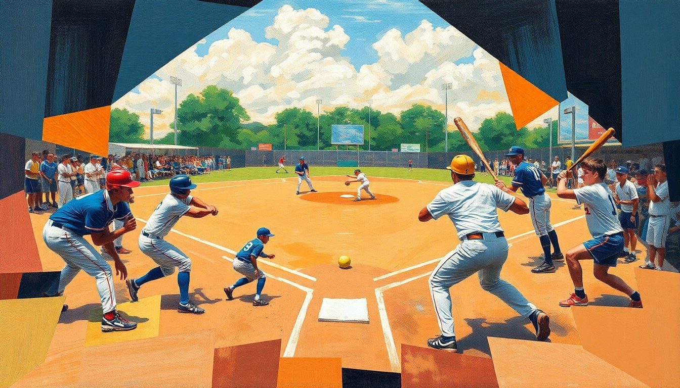 A fragmented, geometric painting depicting the dynamic movements and energy of a high school softball game, with overlapping planes of players, bats, and balls in motion.