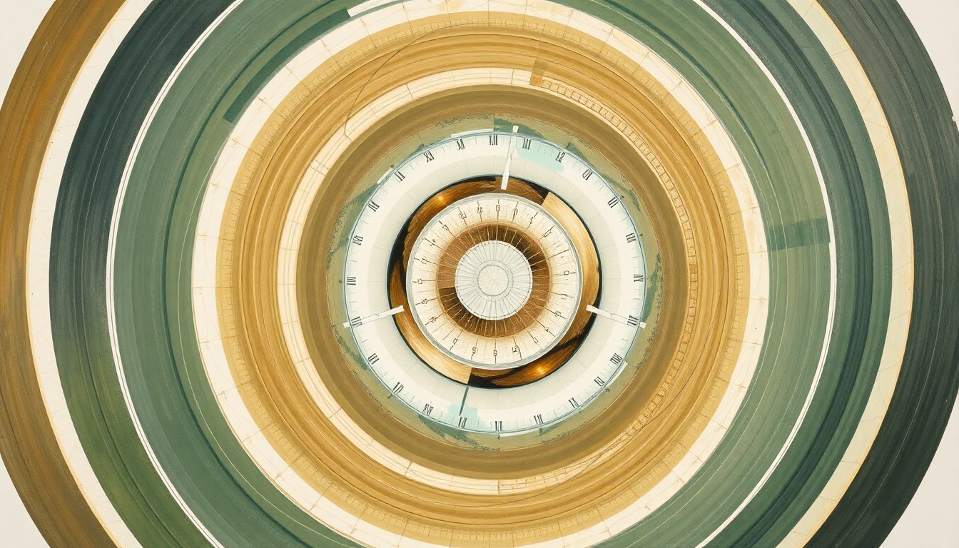 A highly textured, abstract painting in earthy tones of green, brown, and blue, featuring sweeping geometric shapes and precise, interlocking spirals that conceptually represent the advanced cryogenic electron microscopy technology of the Thermo Scientific Glacios 3 system.