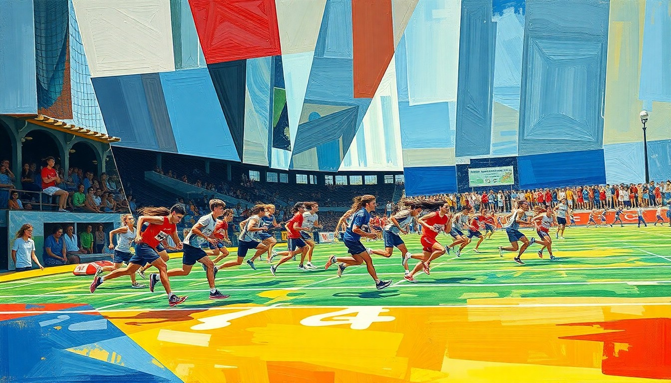 A cubist, geometric painting depicting the dynamic movements and energy of a high school track and field competition, with overlapping planes of color and form.