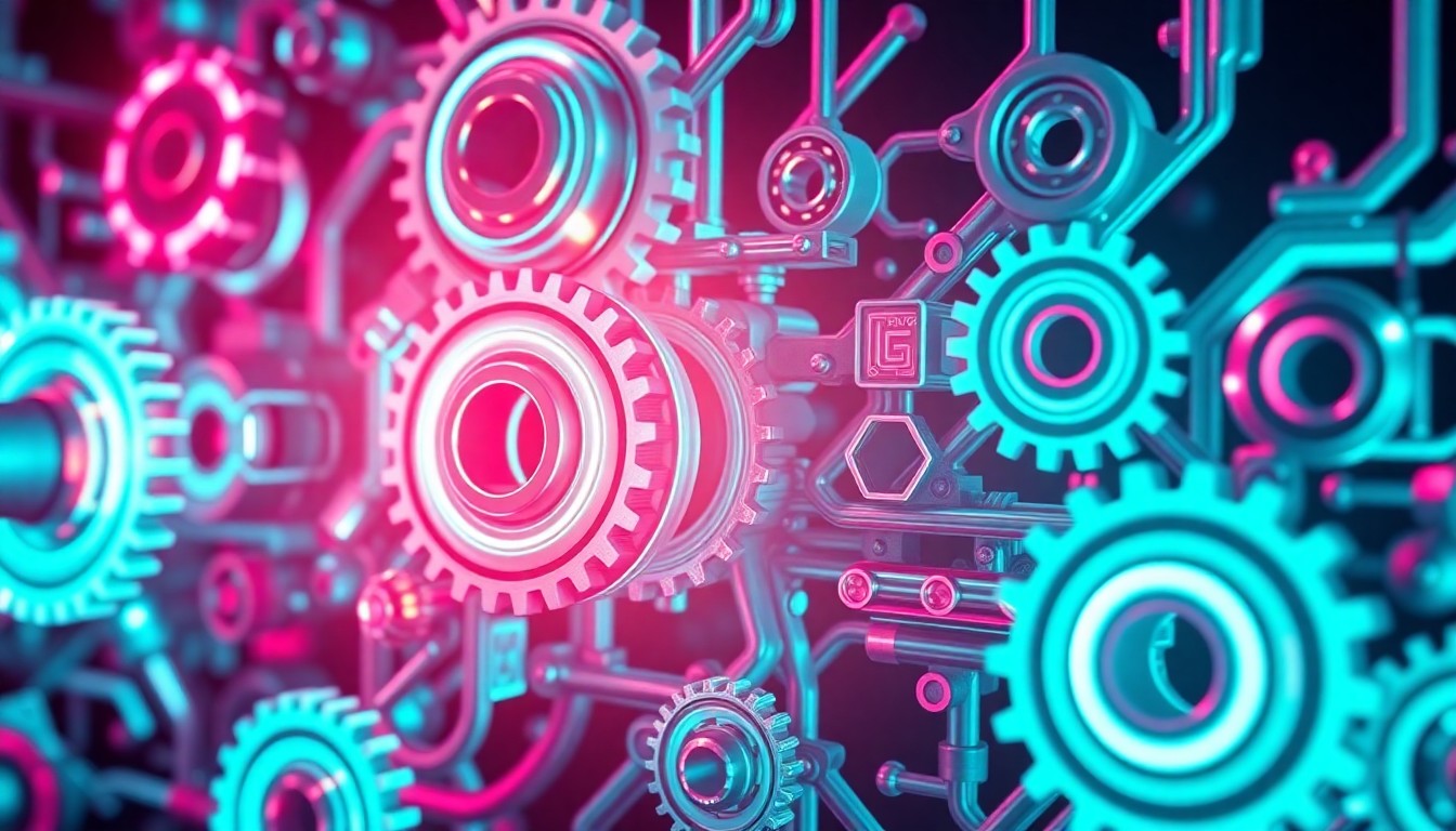 A highly detailed, 3D macro illustration of a complex network of glowing, neon-lit mechanical components, representing the digitization and AI-powered analysis of Sumitomo's decades of engineering data.
