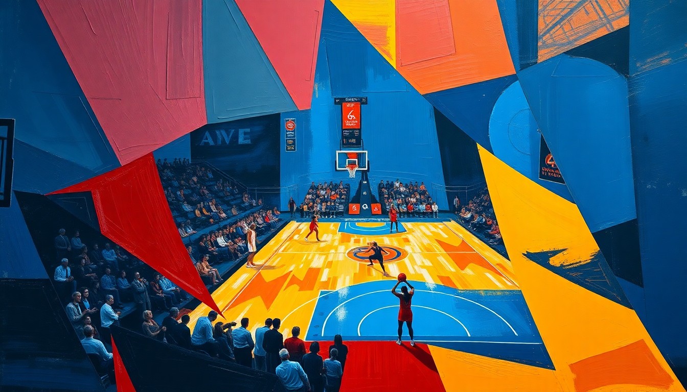 A fractured, cubist-style painting depicting the dynamic action of a women's basketball game, with players and the court rendered in sharp, overlapping geometric shapes in a bold color scheme.