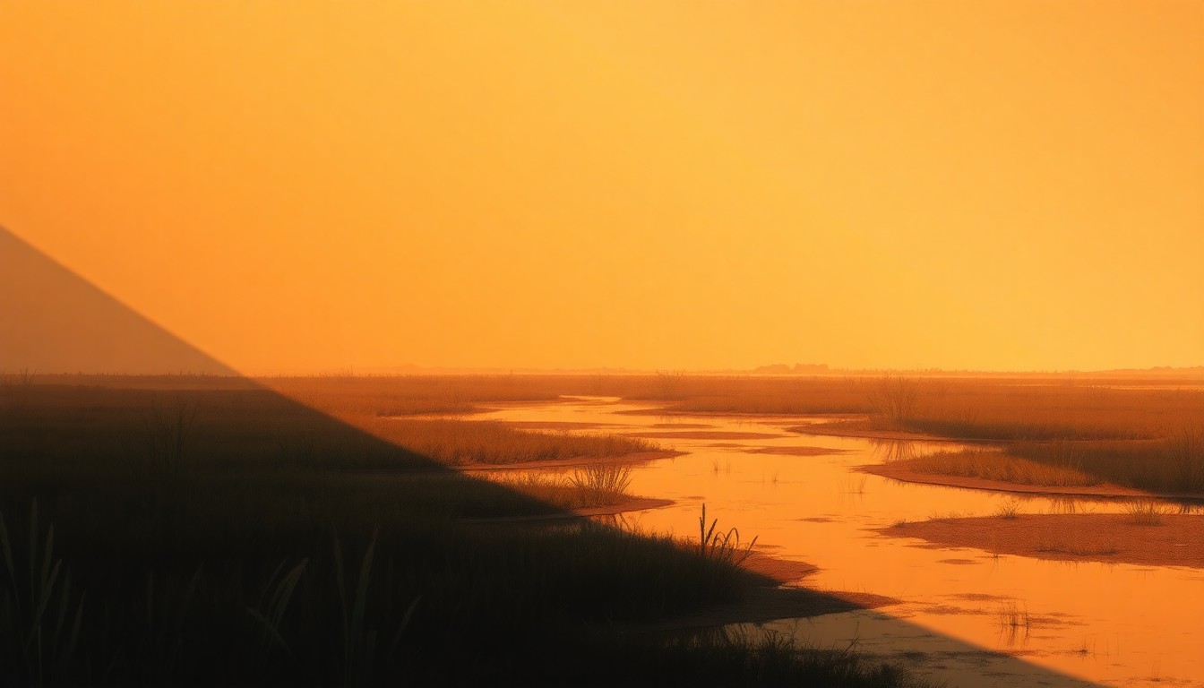 A serene, painterly depiction of a wetland area with tall grasses and still water, reflecting the warm glow of the sun and creating a sense of tranquility and environmental importance.