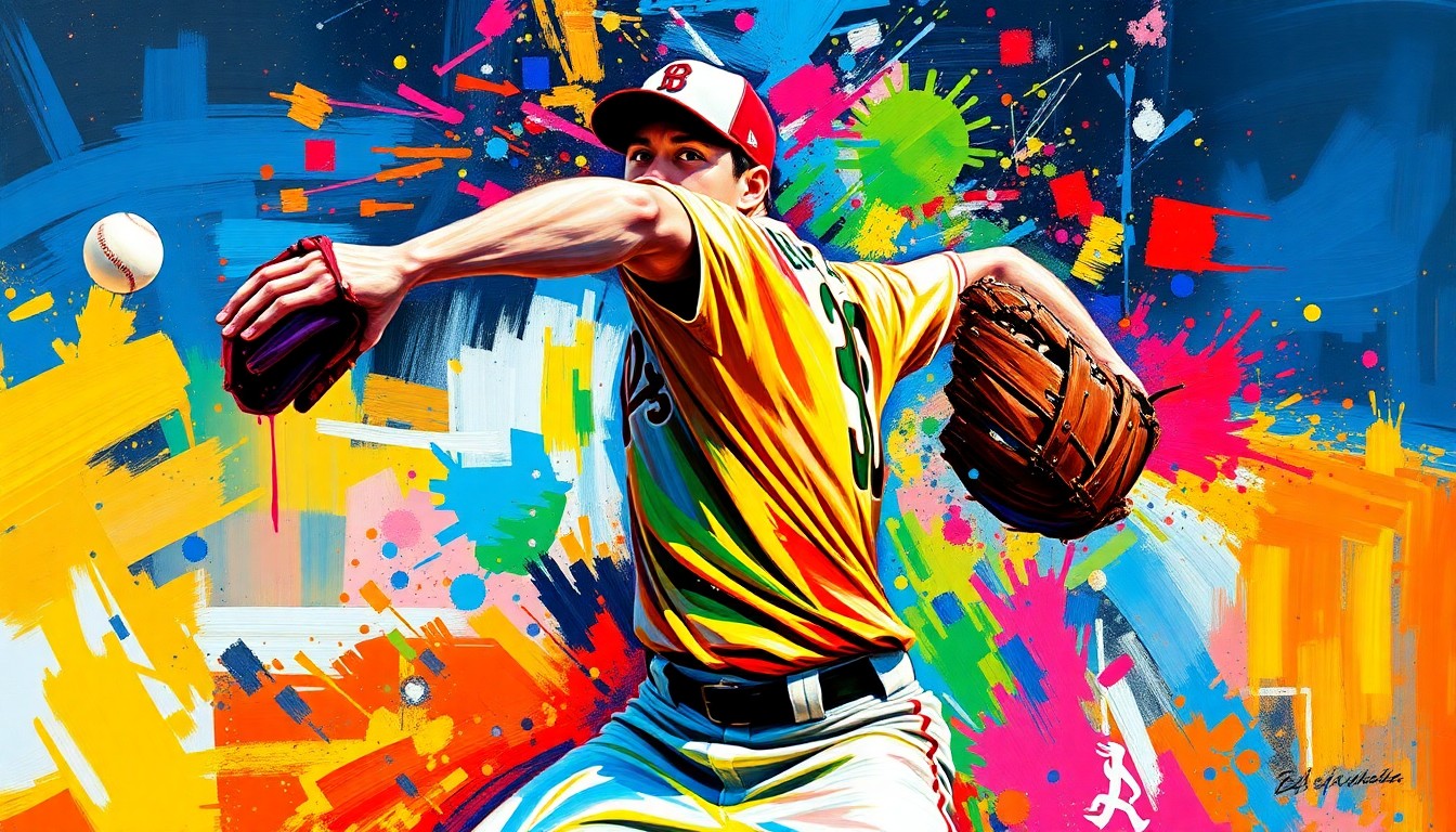 An abstract, expressionist painting in vibrant neon colors depicting the powerful motion and energy of a baseball pitcher delivering an immaculate inning, with the pitcher's form dissolving into unrecognizable brushstrokes.