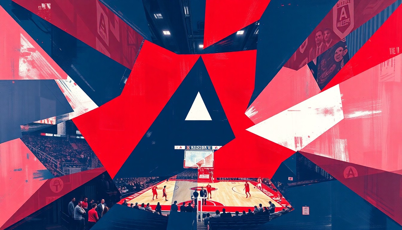 A cubist, geometric painting featuring sharp, overlapping planes of cardinal red and navy blue, conceptually representing the fragmented energy and excitement of a college basketball game.