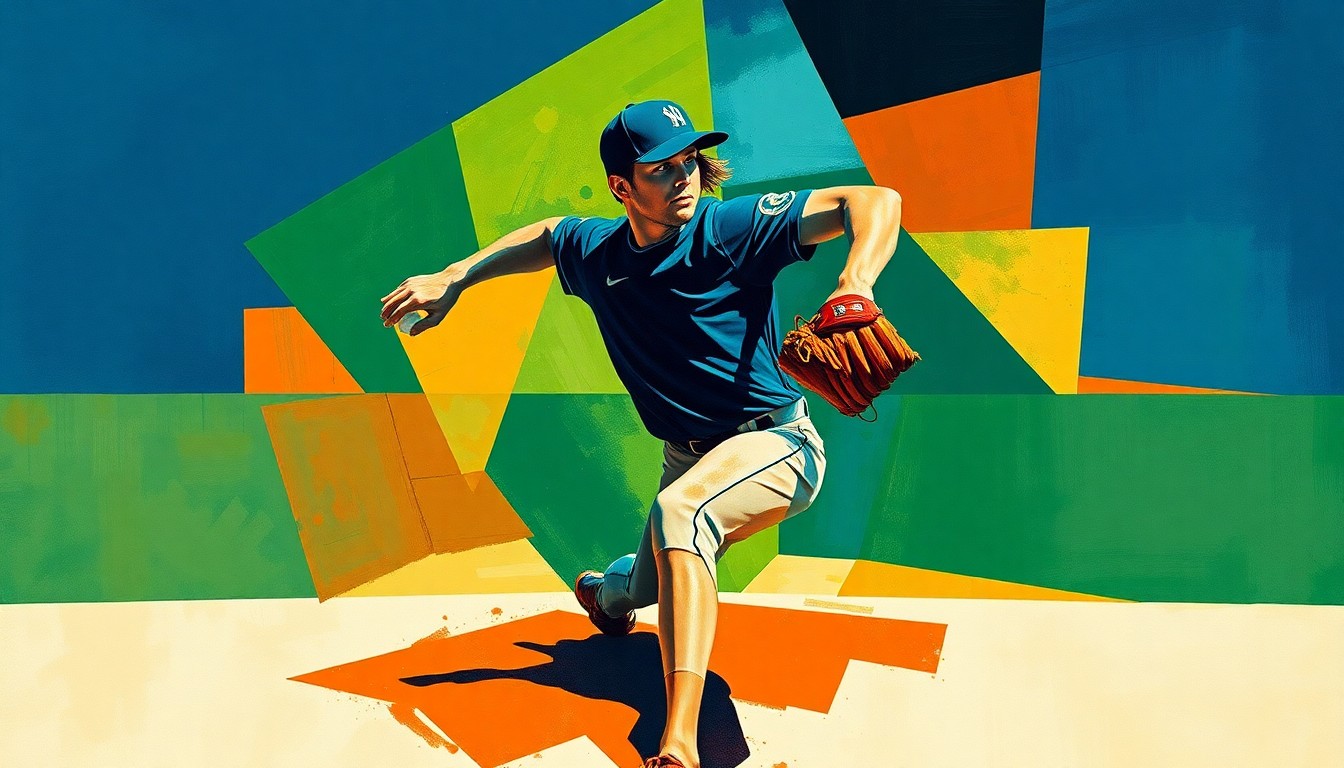 A cubist, geometric painting depicting a baseball pitcher's delivery, with sharp, overlapping planes in navy blue, forest green, and burnt orange, conveying the dynamic motion and energy of the sport.