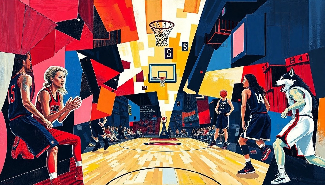 A fractured, cubist-style painting depicting the dynamic action of a women's basketball game, with the players and court rendered in sharp, overlapping geometric shapes and planes in the team colors of South Carolina and UConn.