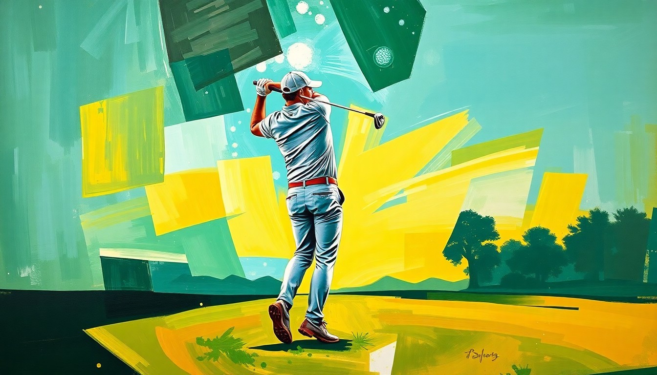 A cubist, geometric painting depicting a golfer mid-swing, with the figure broken into sharp, overlapping planes of emerald green, sky blue, and golden yellow, conveying the fragmented and multi-perspective nature of the coverage surrounding Kelce's new role at the Masters.
