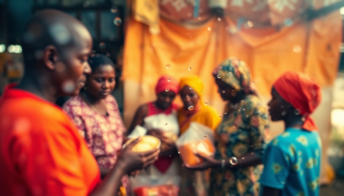 An abstract, out-of-focus scene of local Belizean villagers receiving food aid packages, captured in a warm, soft-focused style that evokes a sense of community and compassion.