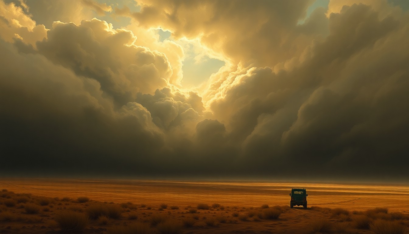 A vast, majestic landscape painting in muted tones, with a small, obscured structure or vehicle dwarfed by the powerful, turbulent sky, conceptually representing the sublime scale of the natural world during a period of elevated fire risk.