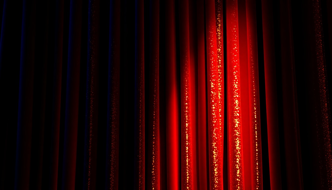 An extreme close-up photograph of a shimmering, textured curtain or stage backdrop in rich, high-contrast colors, capturing the luxurious, theatrical atmosphere of a world-class concert hall.