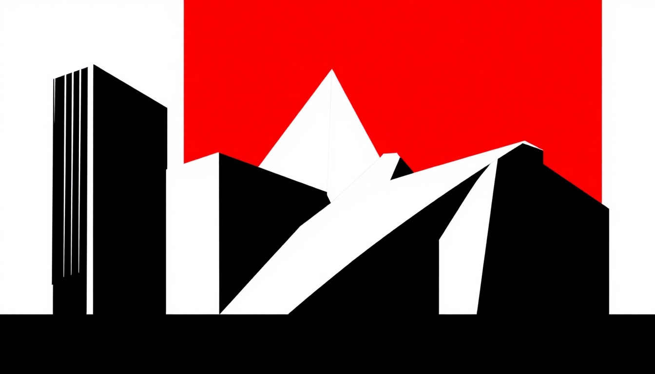 A minimalist, abstract illustration featuring bold, jagged shapes in black, white, and red, conceptually representing the architecture and cinematic themes of the Academy Museum in Los Angeles.