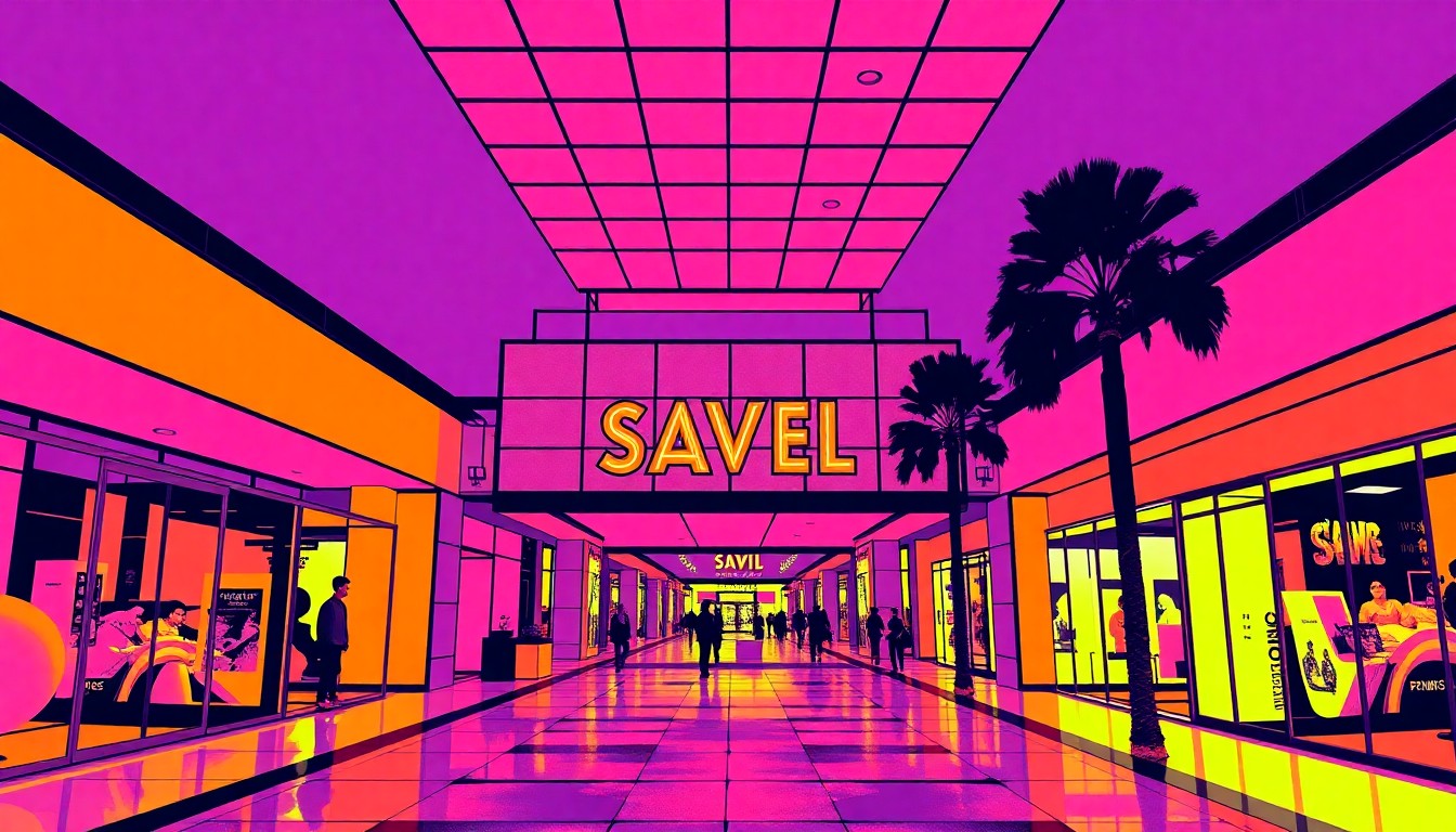 A bold, colorful silkscreen illustration featuring the repeated outline of a mall entrance, rendered in vibrant neon hues and heavy black lines to capture the essence of LA's shopping culture.