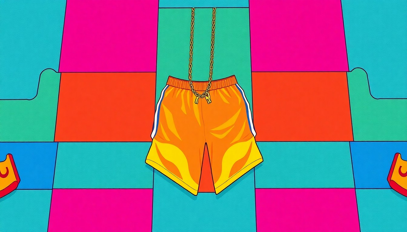 A vibrant, high-contrast silkscreen print featuring repeating images of a yoga mat, gold chain, and basketball shorts, symbolizing the inclusive and energetic atmosphere of Matthew Reyes' yoga classes that have helped his students heal after local wildfires.