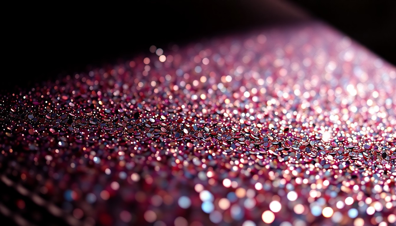 An extreme close-up photograph of shimmering, glittering sequins in high-contrast studio lighting, capturing the glamour and showmanship of a classic rock musician's performance.