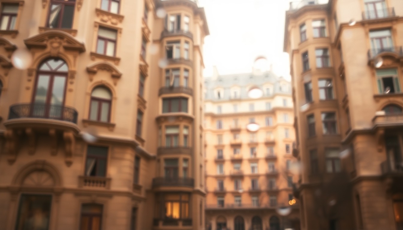 An abstract, impressionistic view of an ornate, historic condominium building's exterior, captured through a hazy, rain-streaked lens and rendered in soft, warm tones, conveying the delicate nature of preserving aging architectural landmarks.