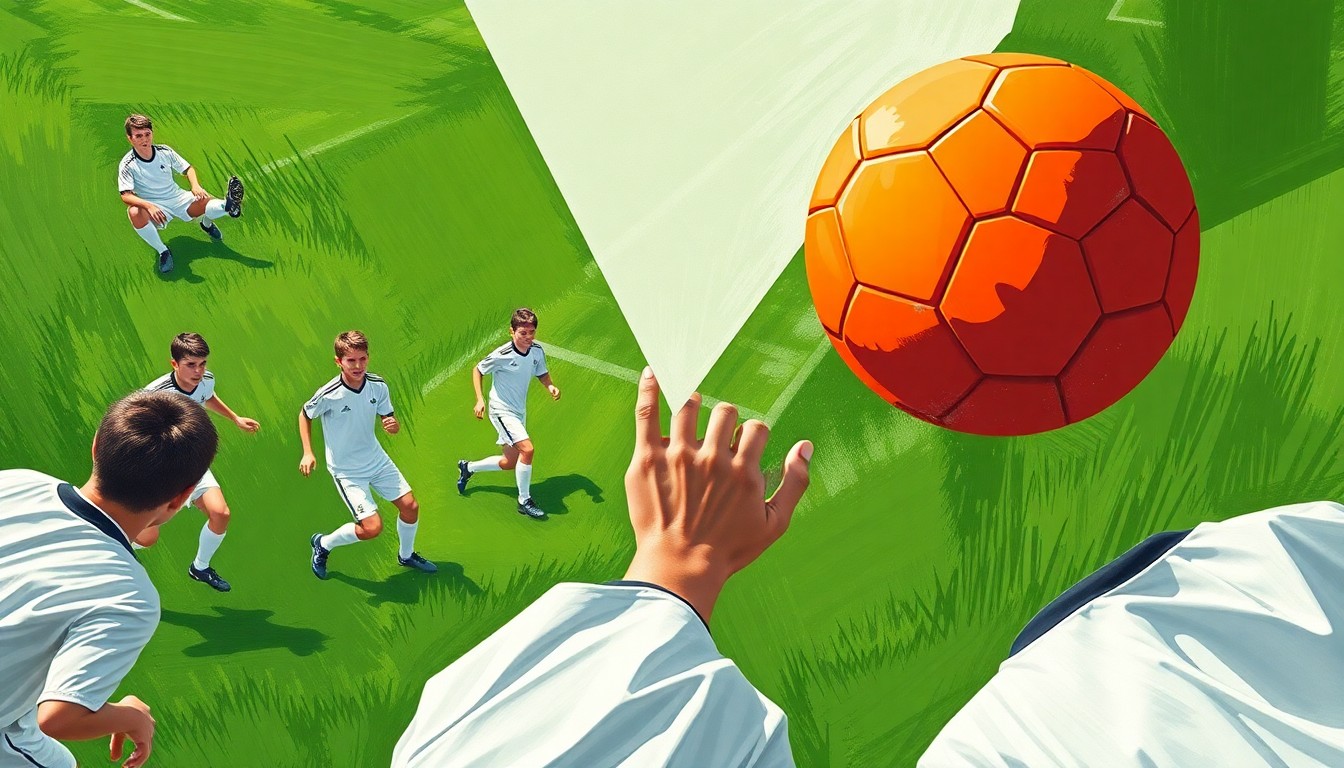 A fragmented, geometric painting in the style of Pablo Picasso, with overlapping planes of green, white, and orange representing the players, field, and ball of a boys soccer game.