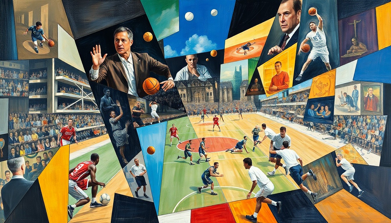 A fragmented, geometric painting depicting various sports scenes broken down into overlapping angular shapes and planes, conveying the intensity and motion of athletic competition.
