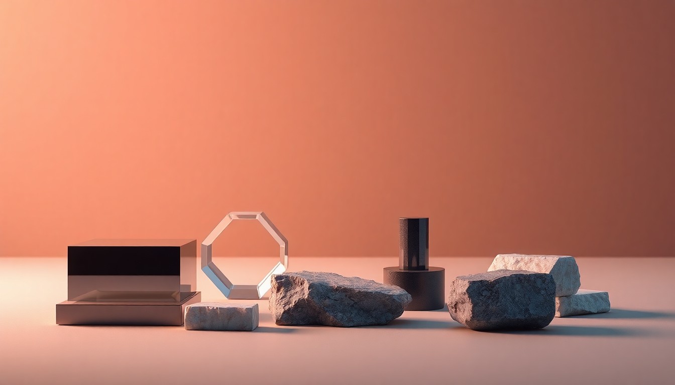 A high-end studio photograph featuring a minimalist arrangement of polished metal, glass, and stone objects on a clean, monochromatic background, conveying the abstract concepts of supply chain governance, data integration, and digital transformation.