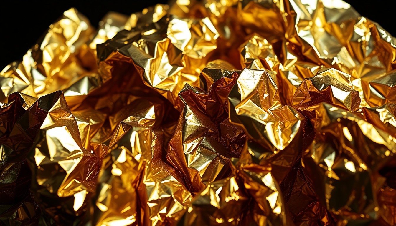 An abstract close-up photograph of shimmering, crumpled metallic foil textures in high-contrast lighting, representing the glamour and artistry of the 1990s music scene.