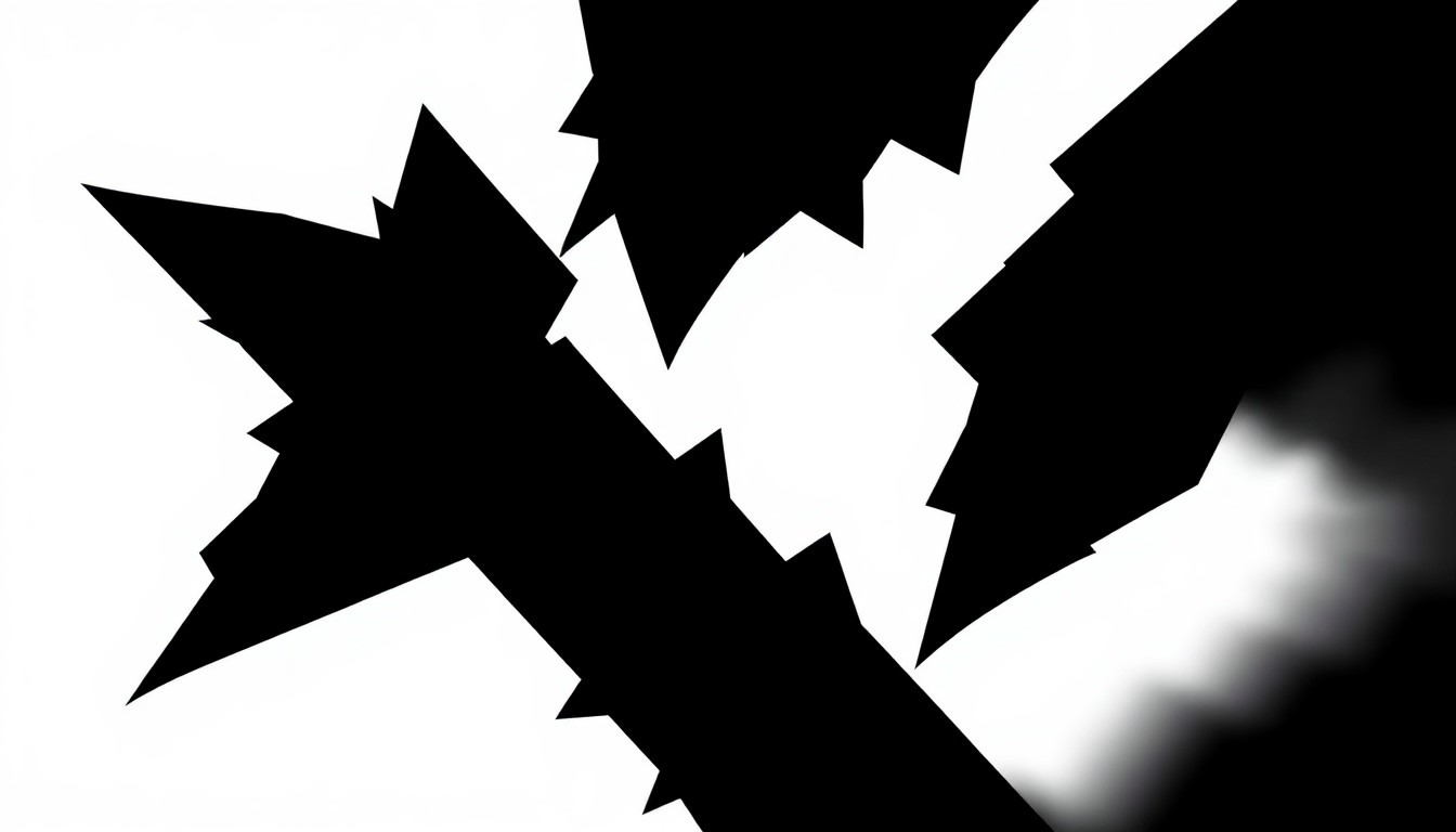 An abstract, minimalist illustration featuring bold, angular black shapes against a stark white background, conceptually representing the idea of a public challenge to an established persona.