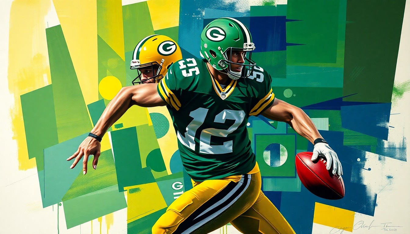 A cubist-style painting depicting a football player in motion, broken down into sharp, overlapping geometric shapes in the colors of the Green Bay Packers.