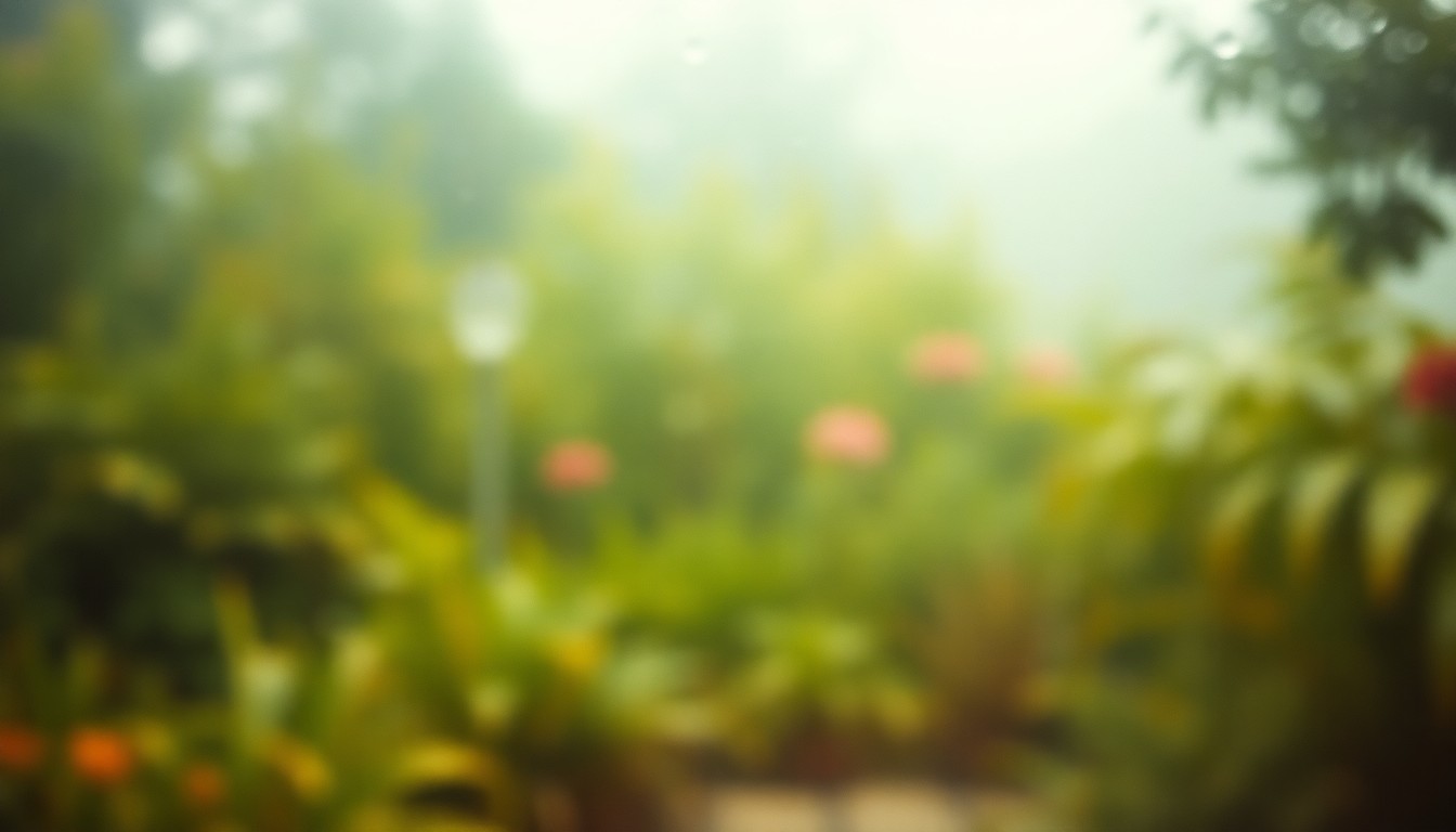 An abstract, out-of-focus photograph featuring soft, blurred shapes in shades of green, brown, and yellow, evoking the lush, organic feel of a flourishing garden.
