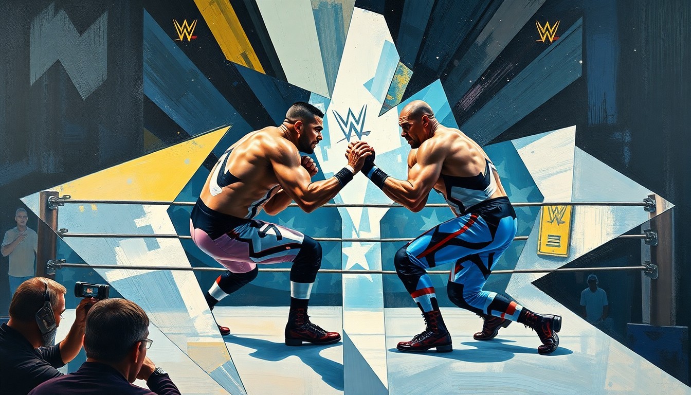 A cubist, multi-angled painting depicting the dynamic movements and intense rivalry of two professional wrestlers, conveying the high-stakes competition for a coveted WrestleMania match.