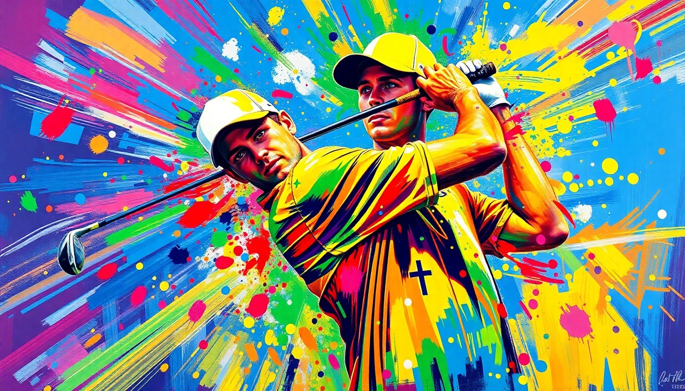 An abstract, expressionist painting depicting the powerful motion and energy of a professional golfer's swing, with vibrant neon colors and loose, dynamic brushstrokes.