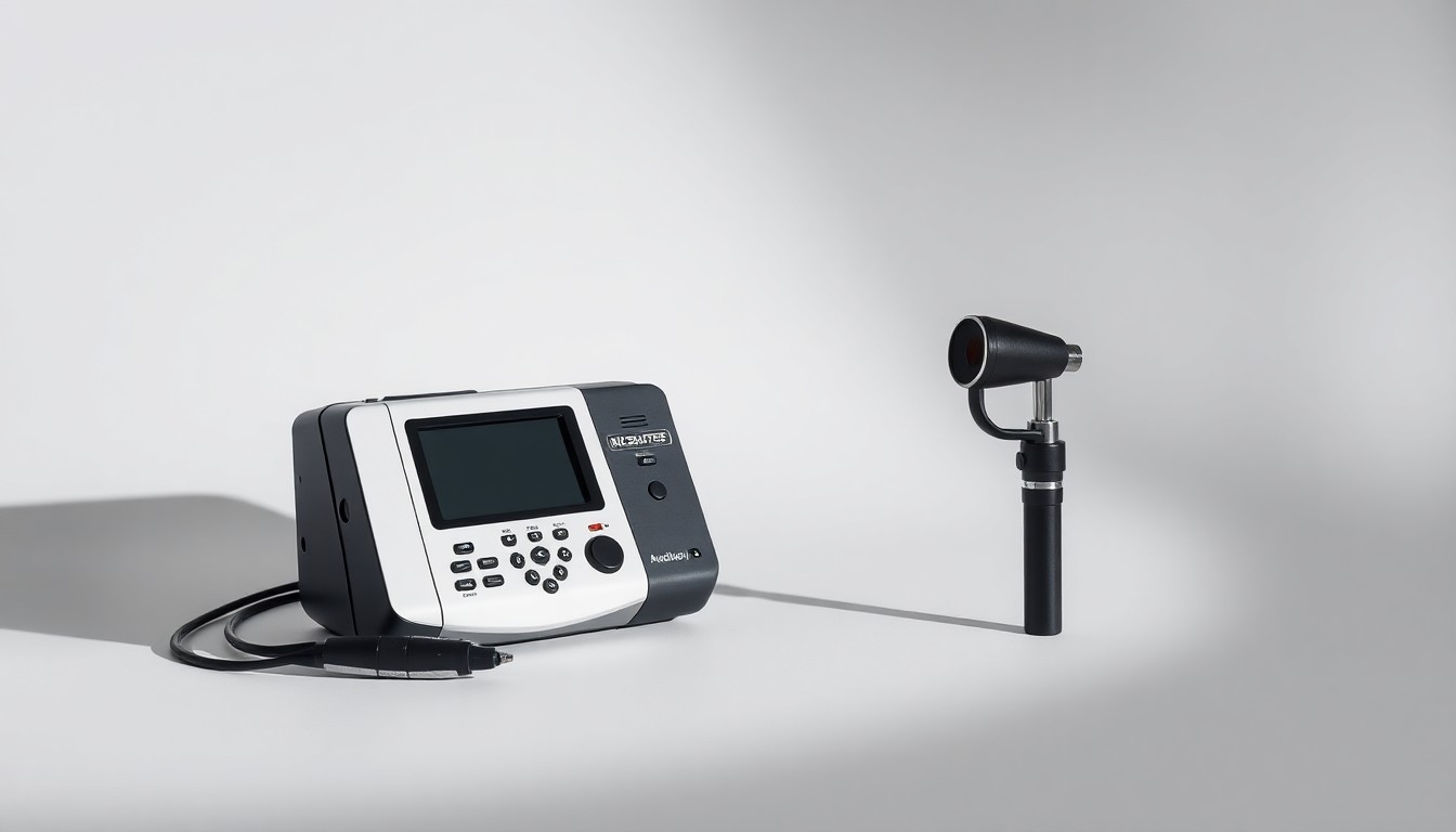 A minimalist, photorealistic studio still life featuring a sleek, modern audiometer and otoscope, conceptually representing the importance of diagnostic audiology equipment in maintaining health.