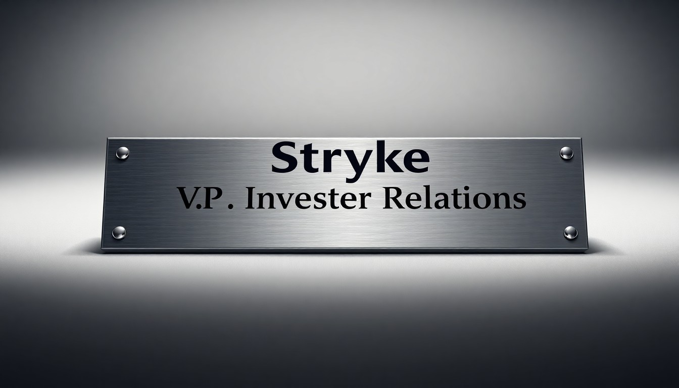A photorealistic studio still-life image featuring a polished metal nameplate with the Stryker logo and 'VP Investor Relations' engraved, resting on a clean, monochromatic background and using dramatic lighting to convey the importance of investor relations.